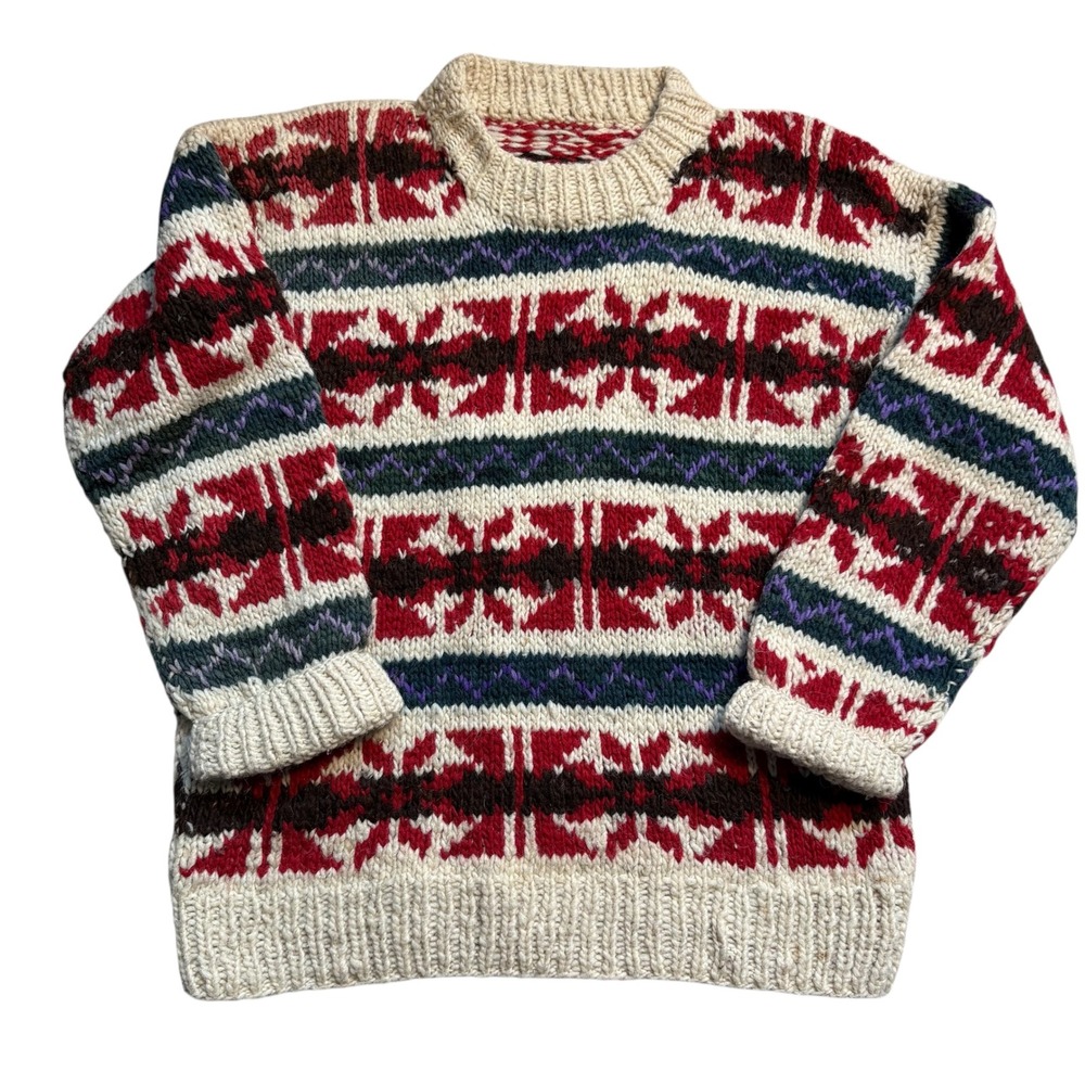 Handmade VINTAGE 90s Fair Isle Wool Knit Chunky‎ Sweater Snowflake Nordic Unisex